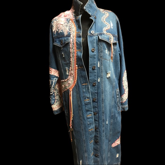 Pink Crystal Pearl Flower Embellished Distressed Jean Duster - Picture 3 of 14